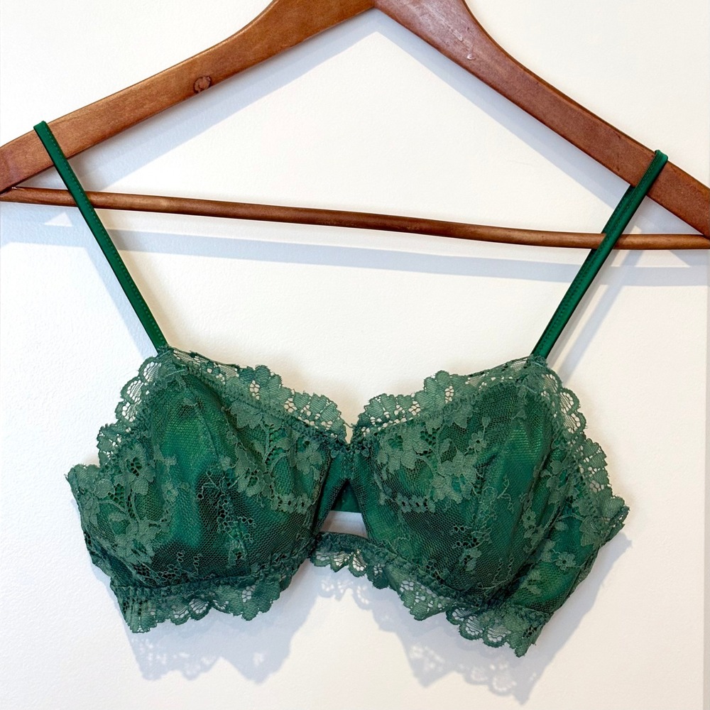 Satin-Lined Cutout Floral Lace Emerald Green Balconette Bralette – FAIBRE, 34A/B